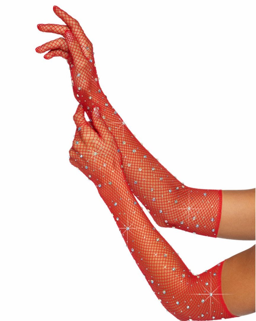 Accessories * | Leg Avenue Womens Red Rhinestone Fishnet Long Gloves