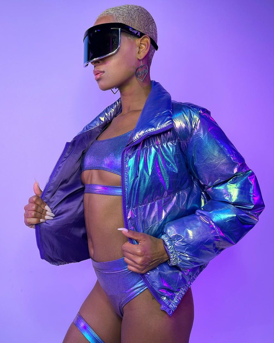 Womens * | Ae Blue Galaxy Latex Puffer Jacket