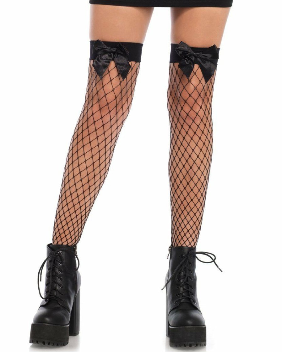 Accessories * | Leg Avenue Leg Wear Fence Net Bow Thigh Highs Black