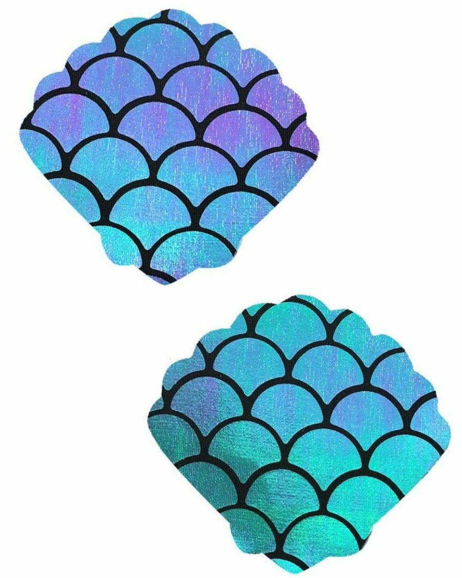 Accessories * | Neva Nude Womens Holographic Blue/Green Mermaid Scale Pattern Shell Pasties