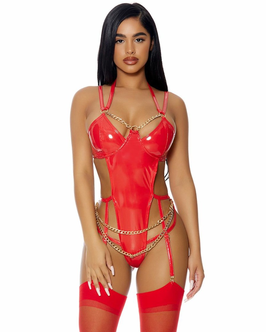 Womens * | Forplay Chain Of Command Red Vinyl Bodysuit