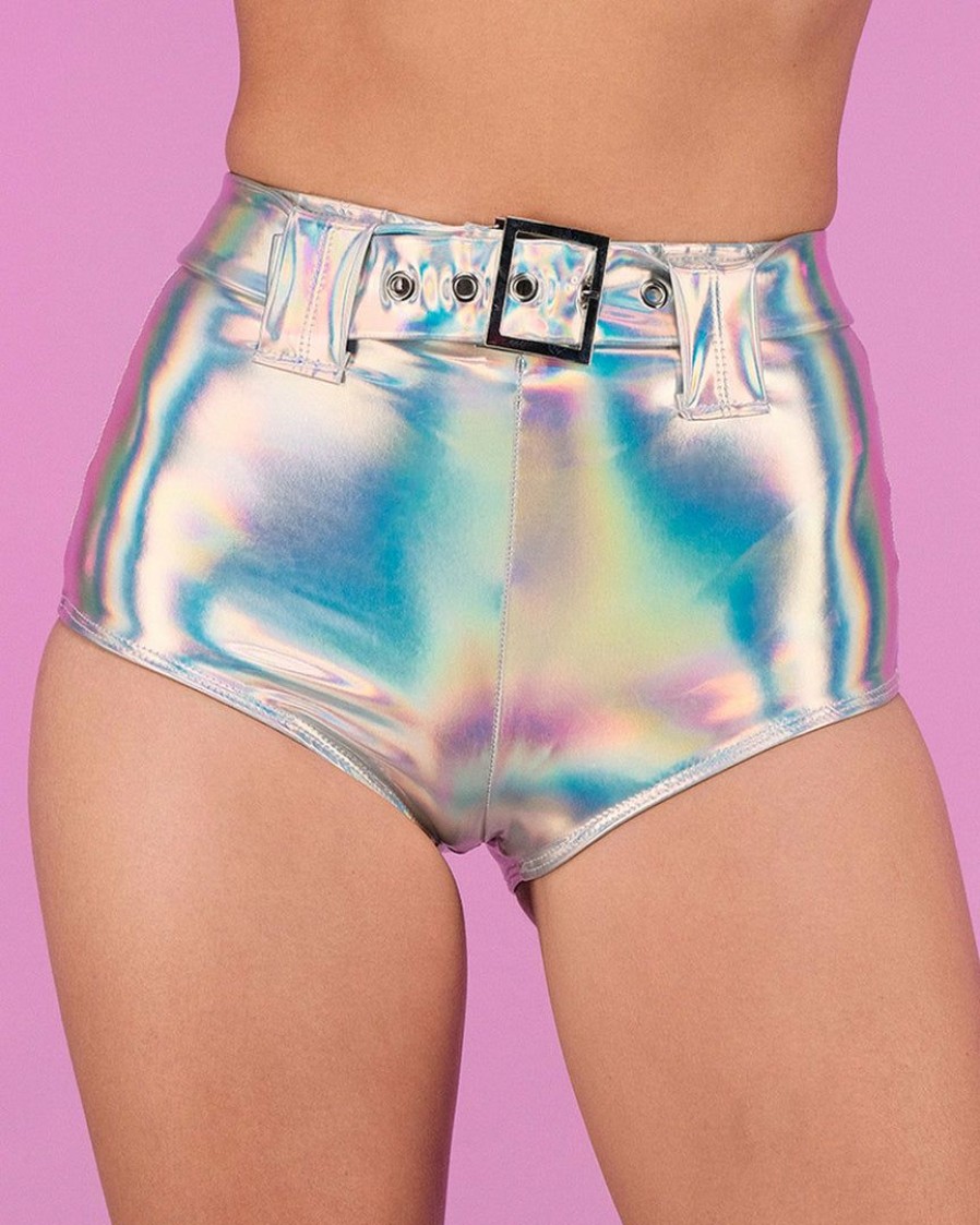 Womens * | Roma Silver Holo Foil Belted Shorts