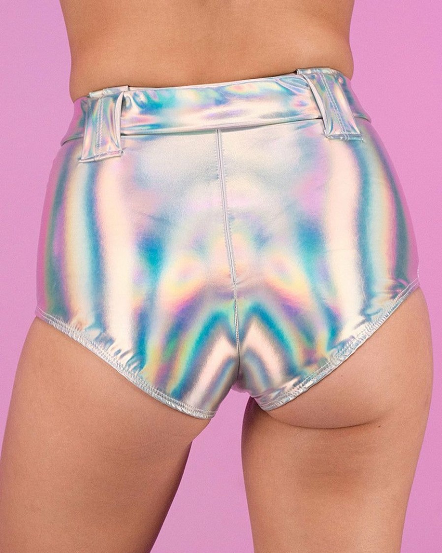 Womens * | Roma Silver Holo Foil Belted Shorts