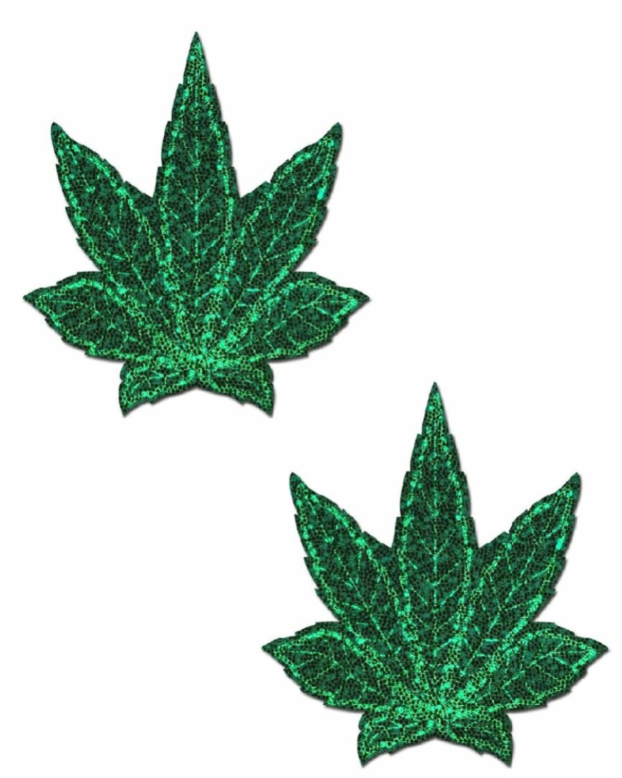 Accessories * | Pastease Indica Pot Leaf: Glitter Green Weed Nipple Pasties Accessories