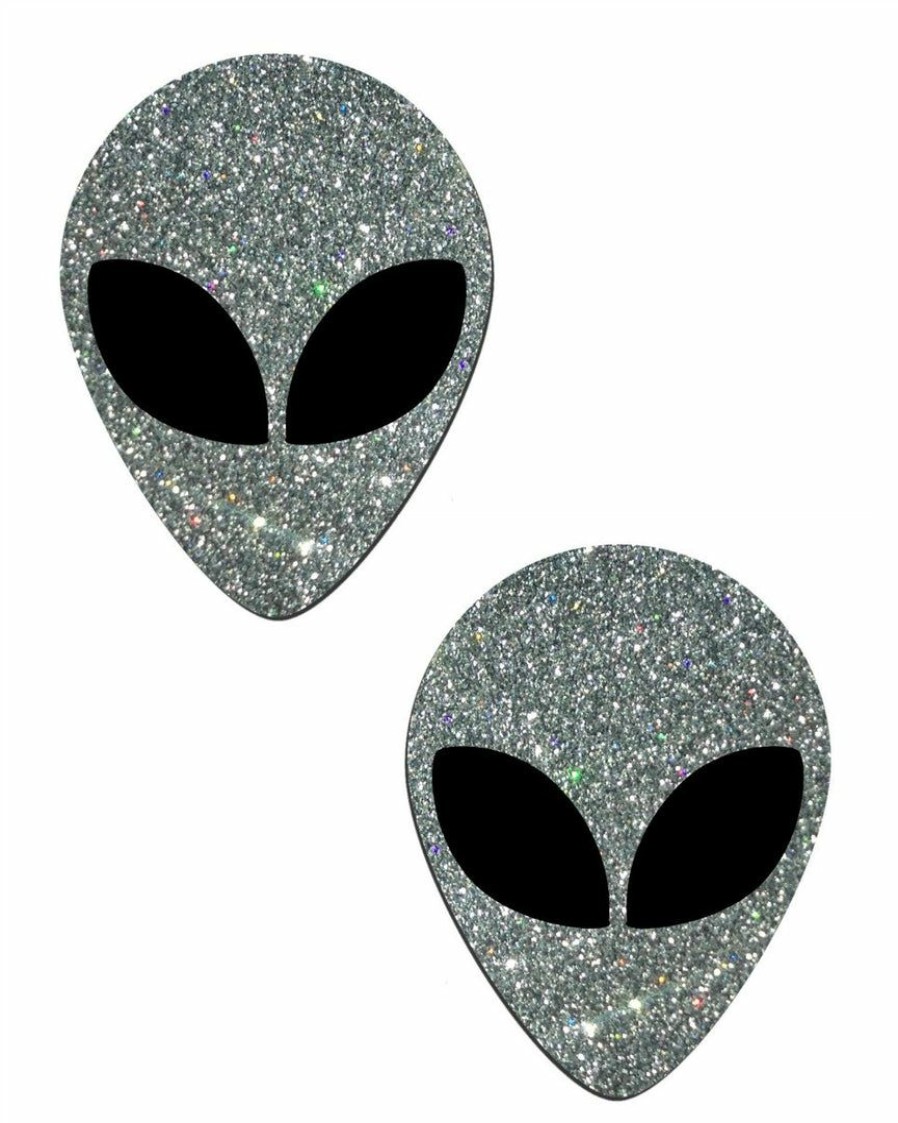 Accessories * | Pastease Accessories Alien: Silver Glitter With Space Alien Black Eyes Pasties