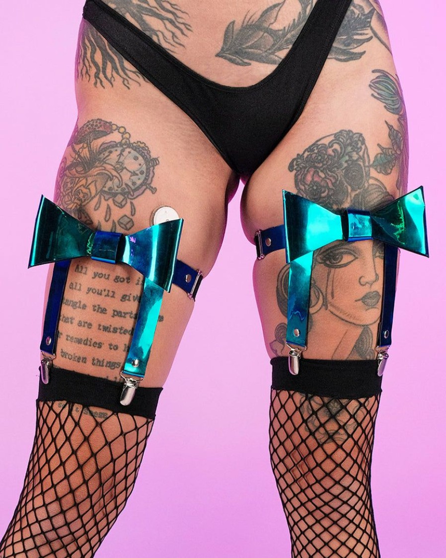 Womens * | Daisy'S Corsets Teal/Blue Holo Bow Leg Garters