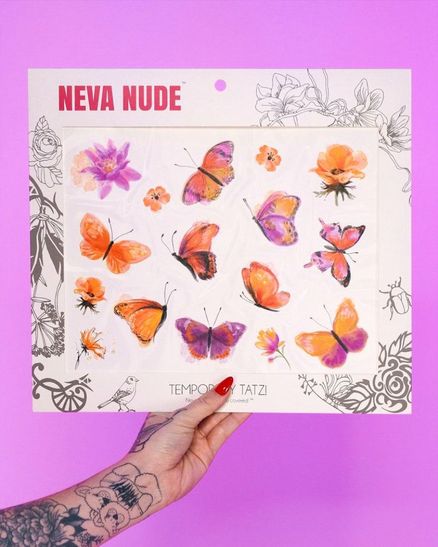 Accessories * | Neva Nude Womens Orange Butterfly Kisses Giant Temporary Tattoo Pack