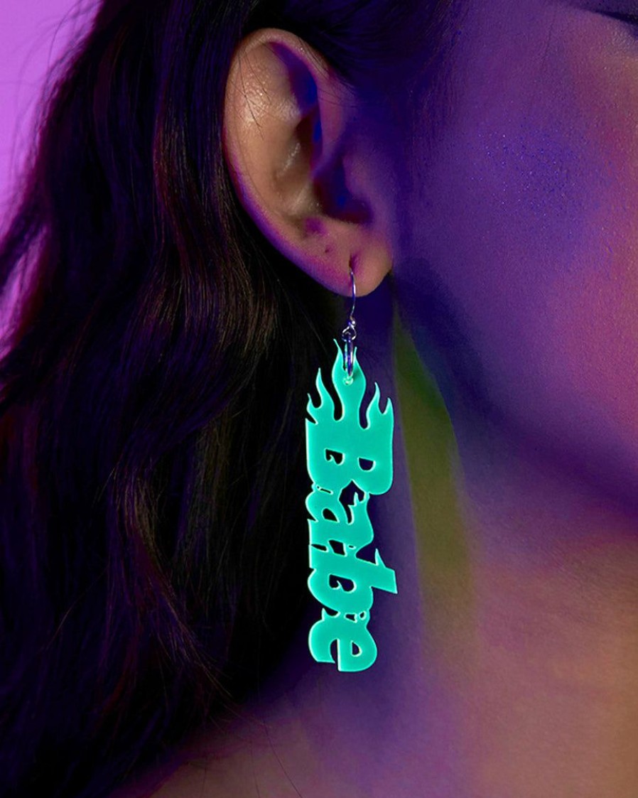 Accessories * | New Nomad Kandi Bass Babe Green Flame Earrings Neon Green