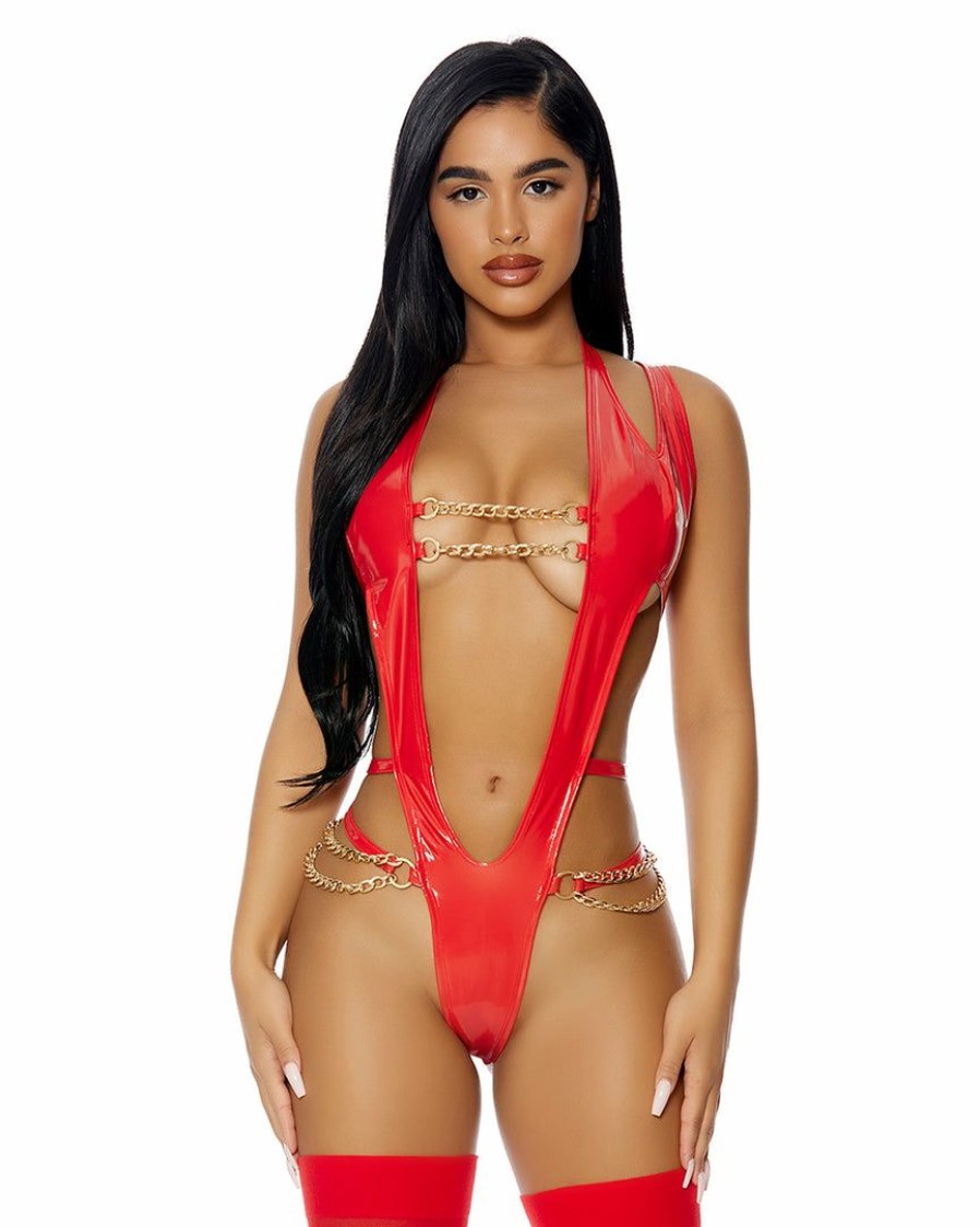 Womens * | Forplay Link'D Up Red Vinyl Bodysuit