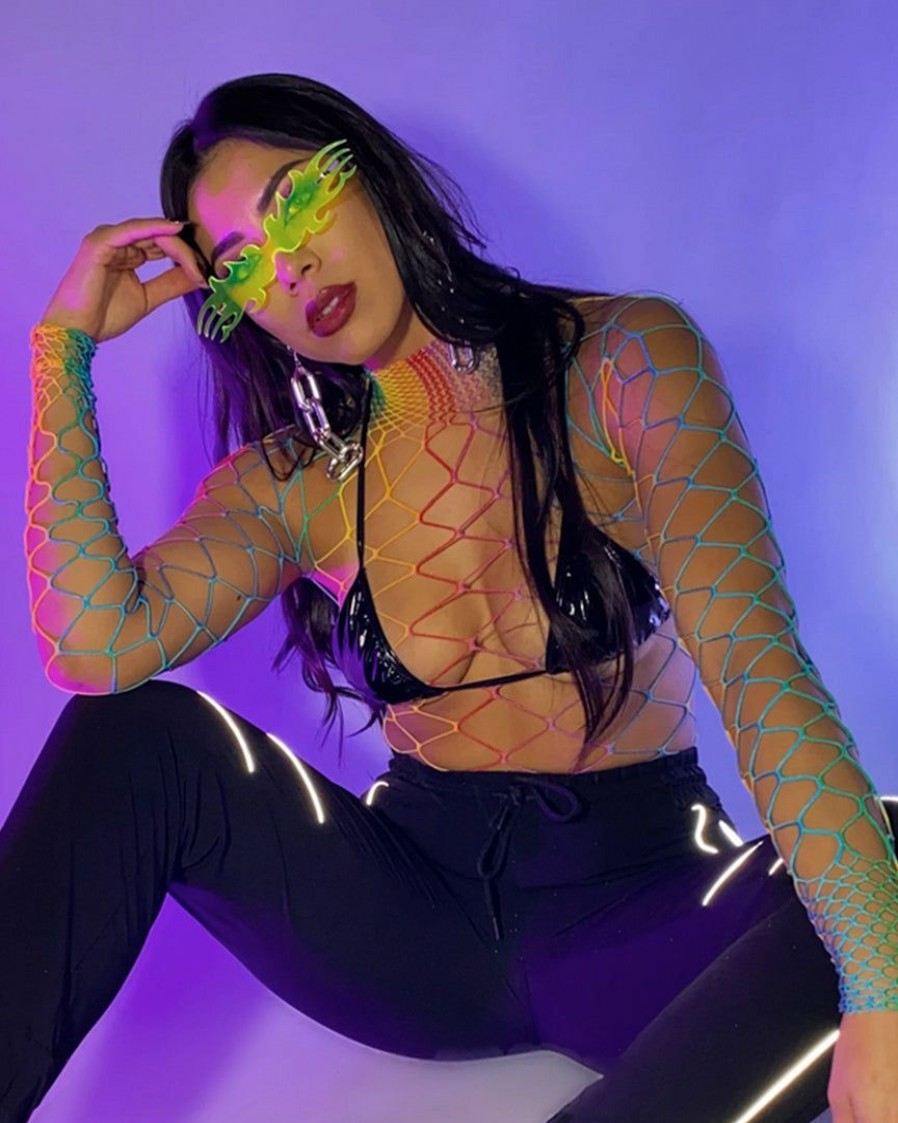 Womens * | Leg Avenue Rainbow High Neck Fence Net Long Sleeved Bodysuit