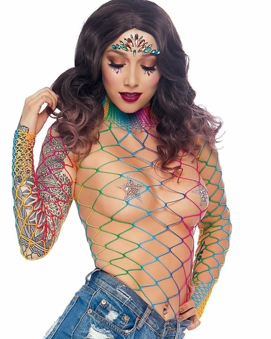 Womens * | Leg Avenue Rainbow High Neck Fence Net Long Sleeved Bodysuit