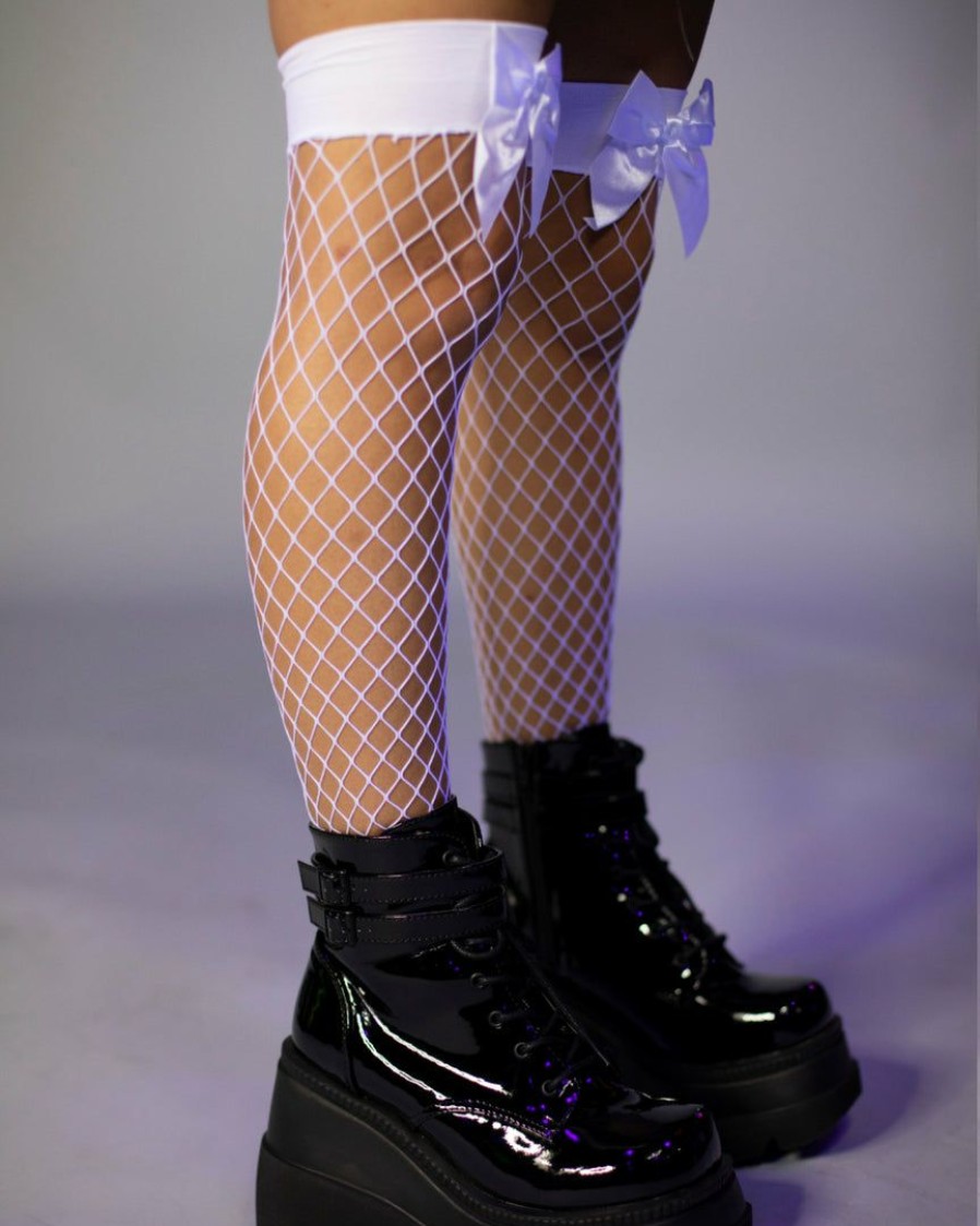 Accessories * | Leg Avenue Leg Wear Fence Net Bow Thigh Highs White