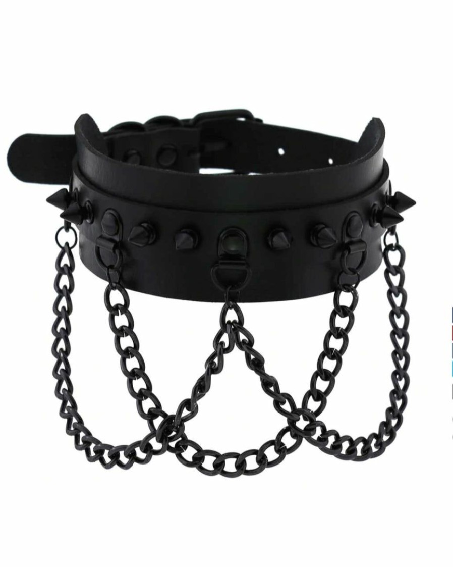 Accessories * | Ae Spike & Chains Faux Leather Choker Womens