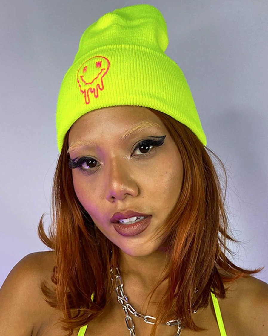 Mens * | Jarmoo New Rave Wonderland Smiley Neon Yellow Beanie