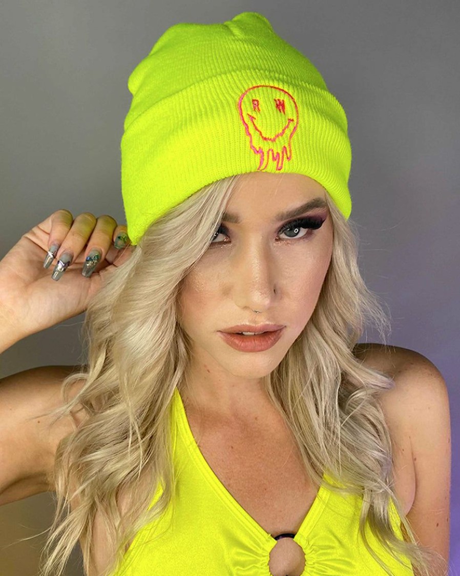 Mens * | Jarmoo New Rave Wonderland Smiley Neon Yellow Beanie