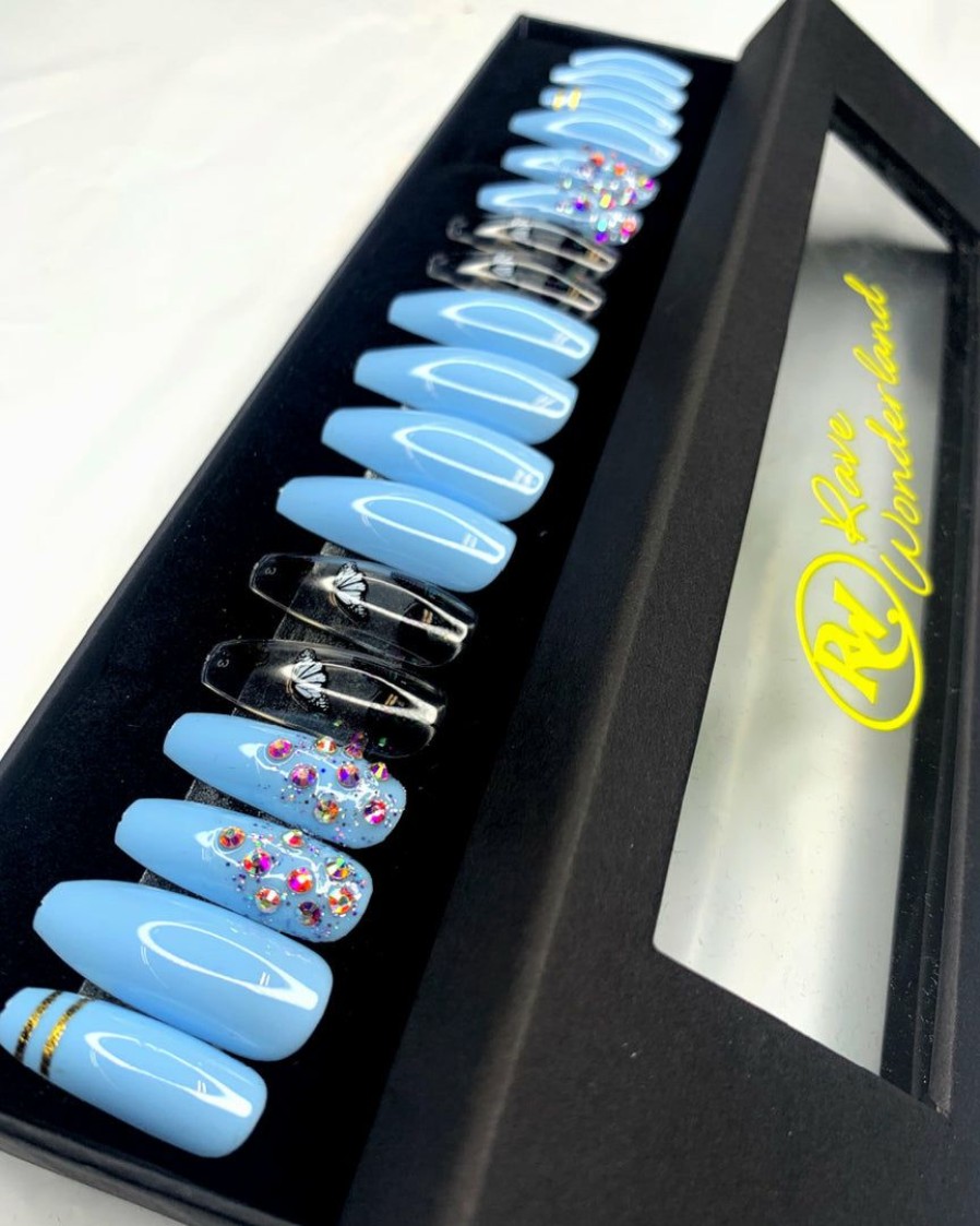 Accessories * | Rave Wonderland 24Pc Butterfly Sky Blue Press-On Nails W Adhesive Beauty