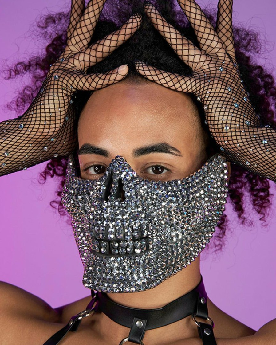 Accessories * | Kbw Accessories Silver Rhinestone Skull Half Face Mask