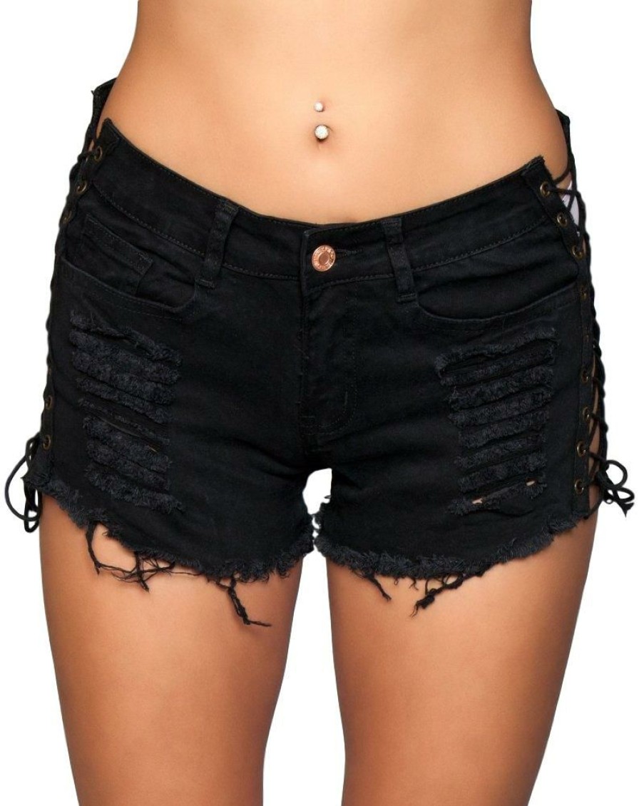 Womens * | Be Wicked Womens Black Side Lace-Up Denim Shorts