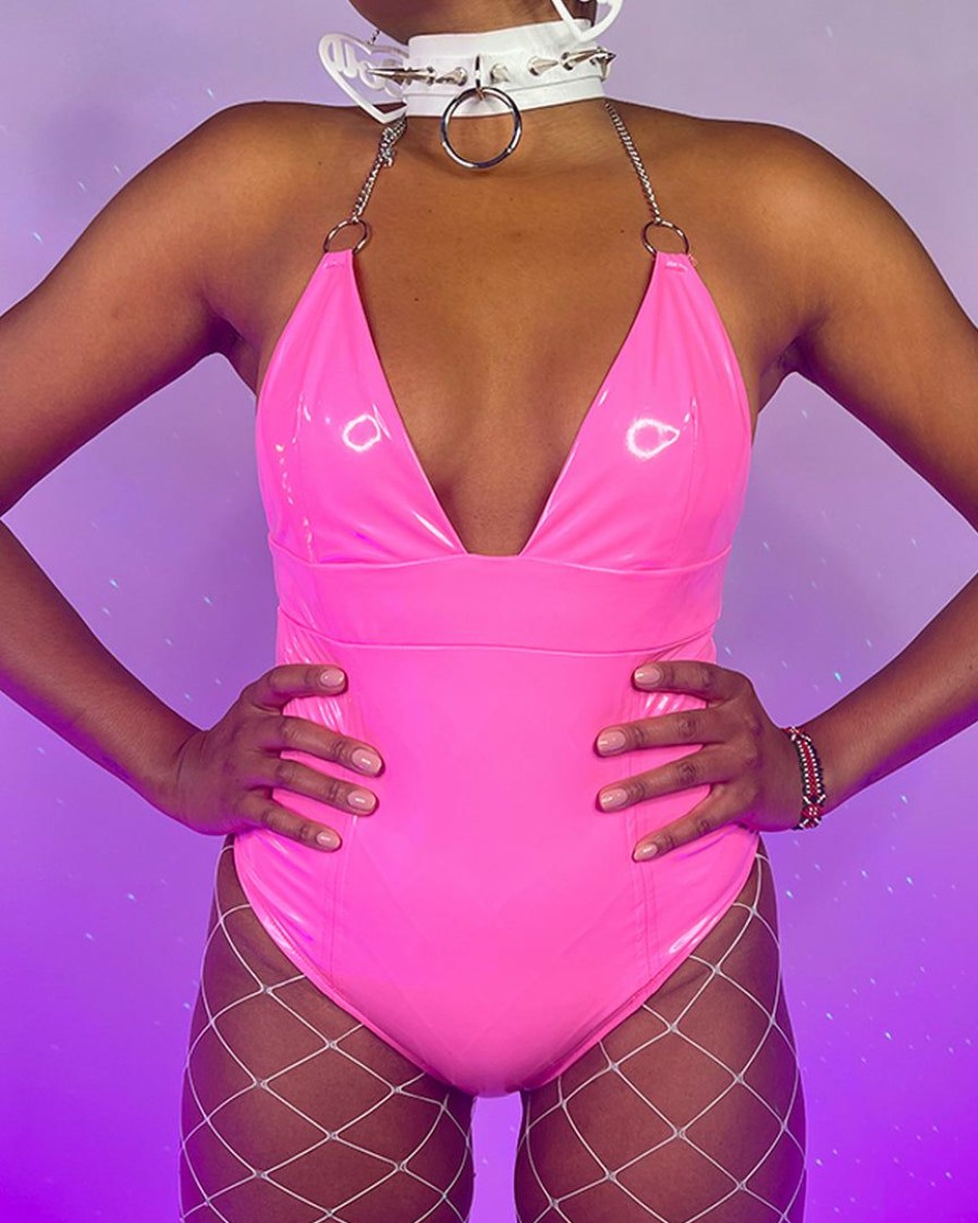 Womens * | Ohyes Fashion Neon Pink Urban Nights Vinyl And Chain Bodysuit