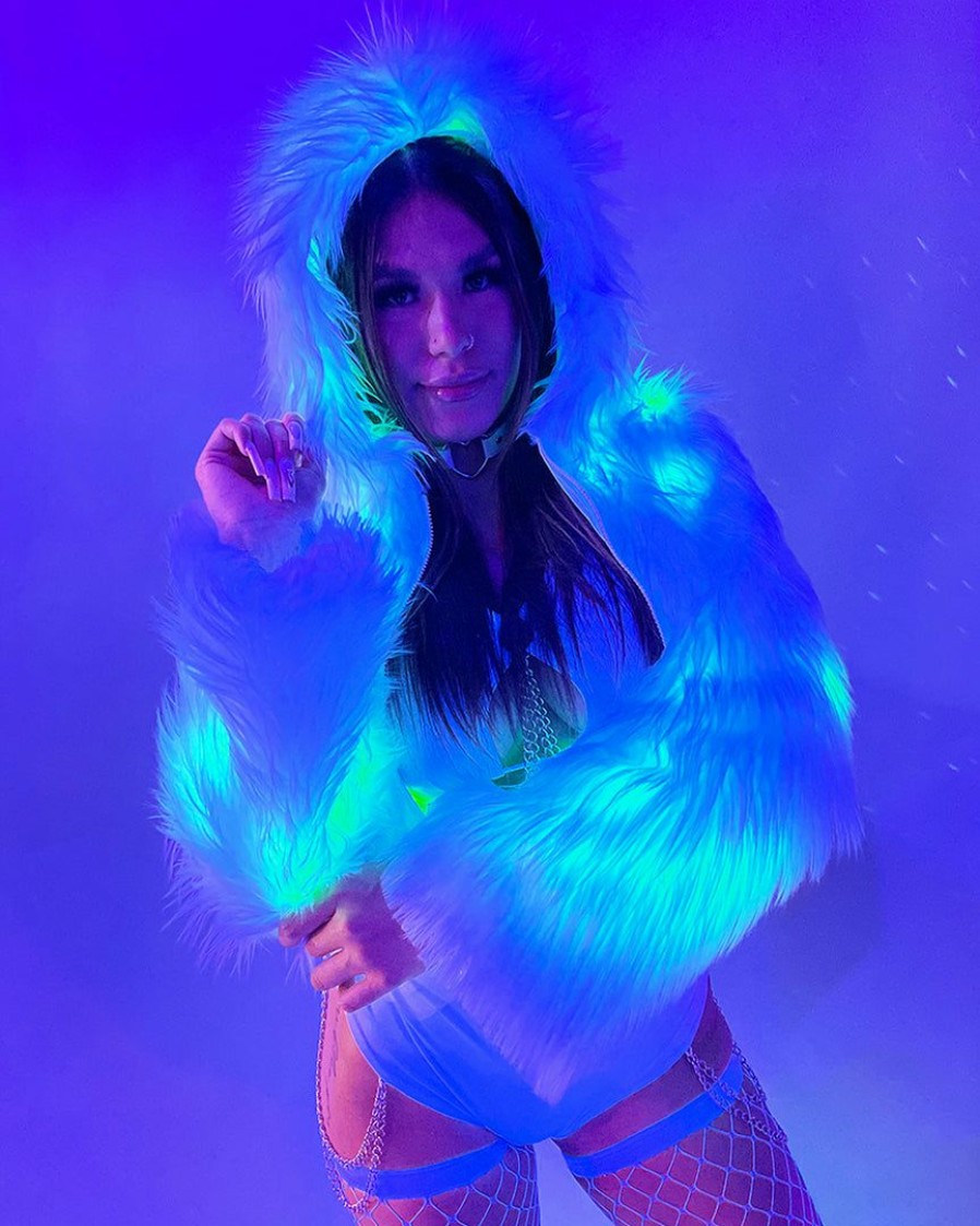 Womens * | J. Valentine White Furry Green Led Cropped Hooded Rave Jacket