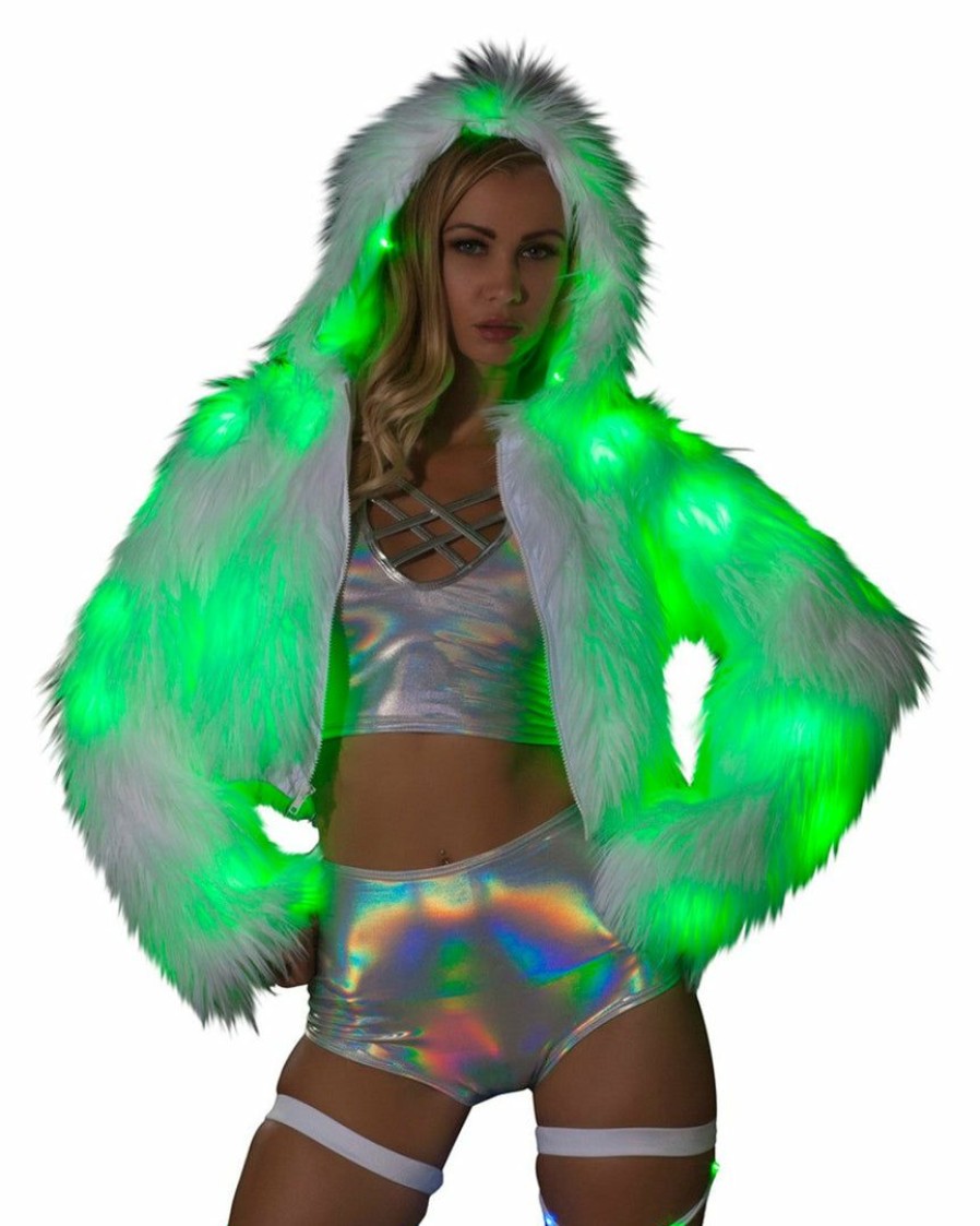 Womens * | J. Valentine White Furry Green Led Cropped Hooded Rave Jacket