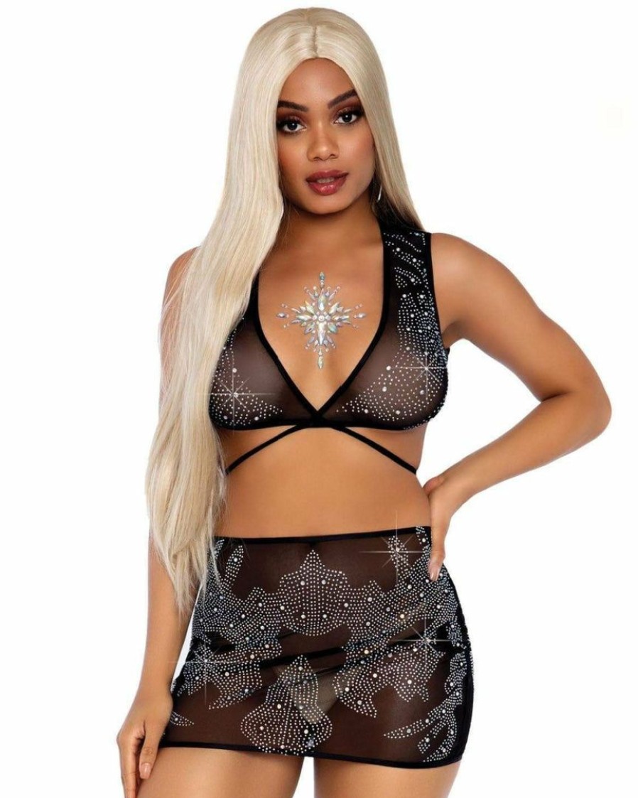 Womens * | Leg Avenue All Of The Lights 2Pc Rhinestone Mesh Set