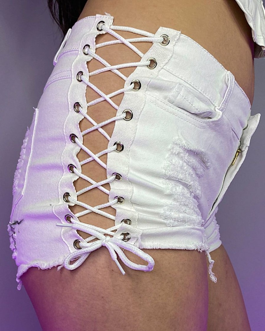 Womens * | Be Wicked White Side Lace-Up Denim Shorts Womens