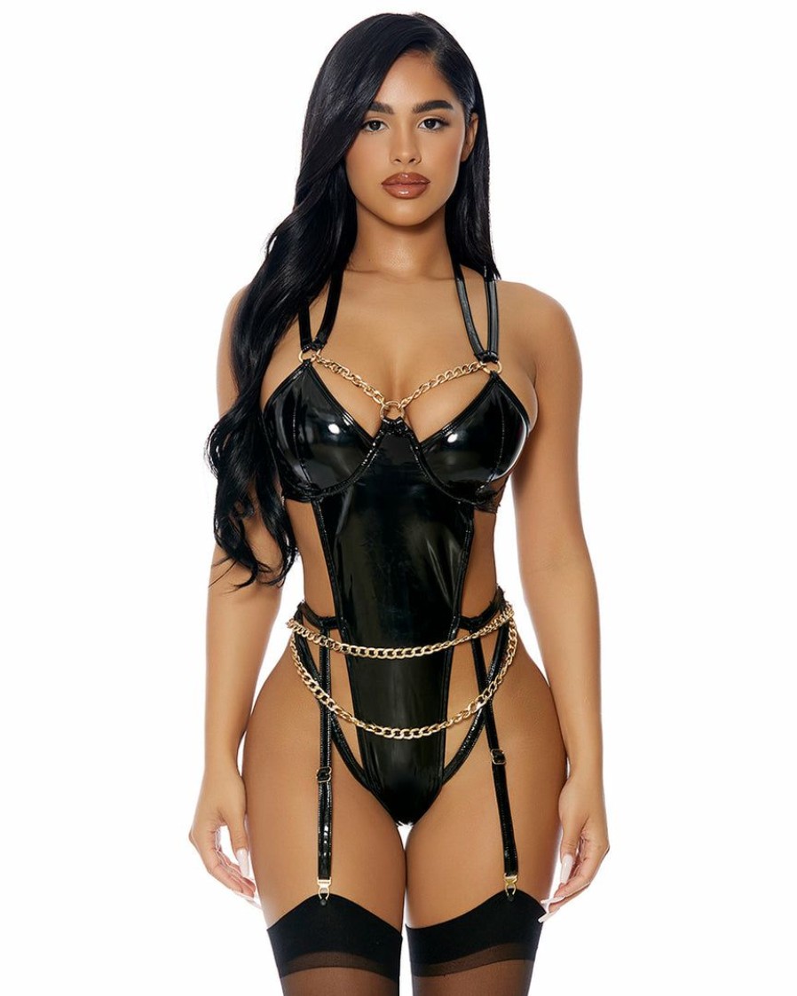 Womens * | Forplay Chain Of Command Black Vinyl Bodysuit New