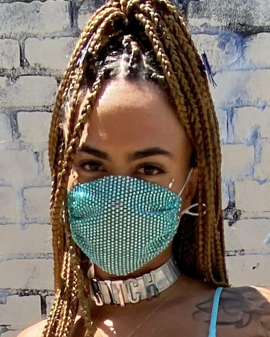 Accessories * | Neva Nude Teal Illuzion Mesh Jewel Face Mask