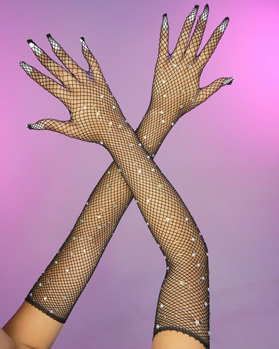 Accessories * | Leg Avenue New Black Rhinestone Fishnet Long Gloves