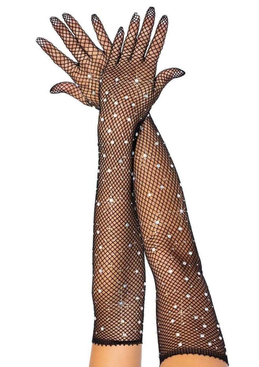 Accessories * | Leg Avenue New Black Rhinestone Fishnet Long Gloves