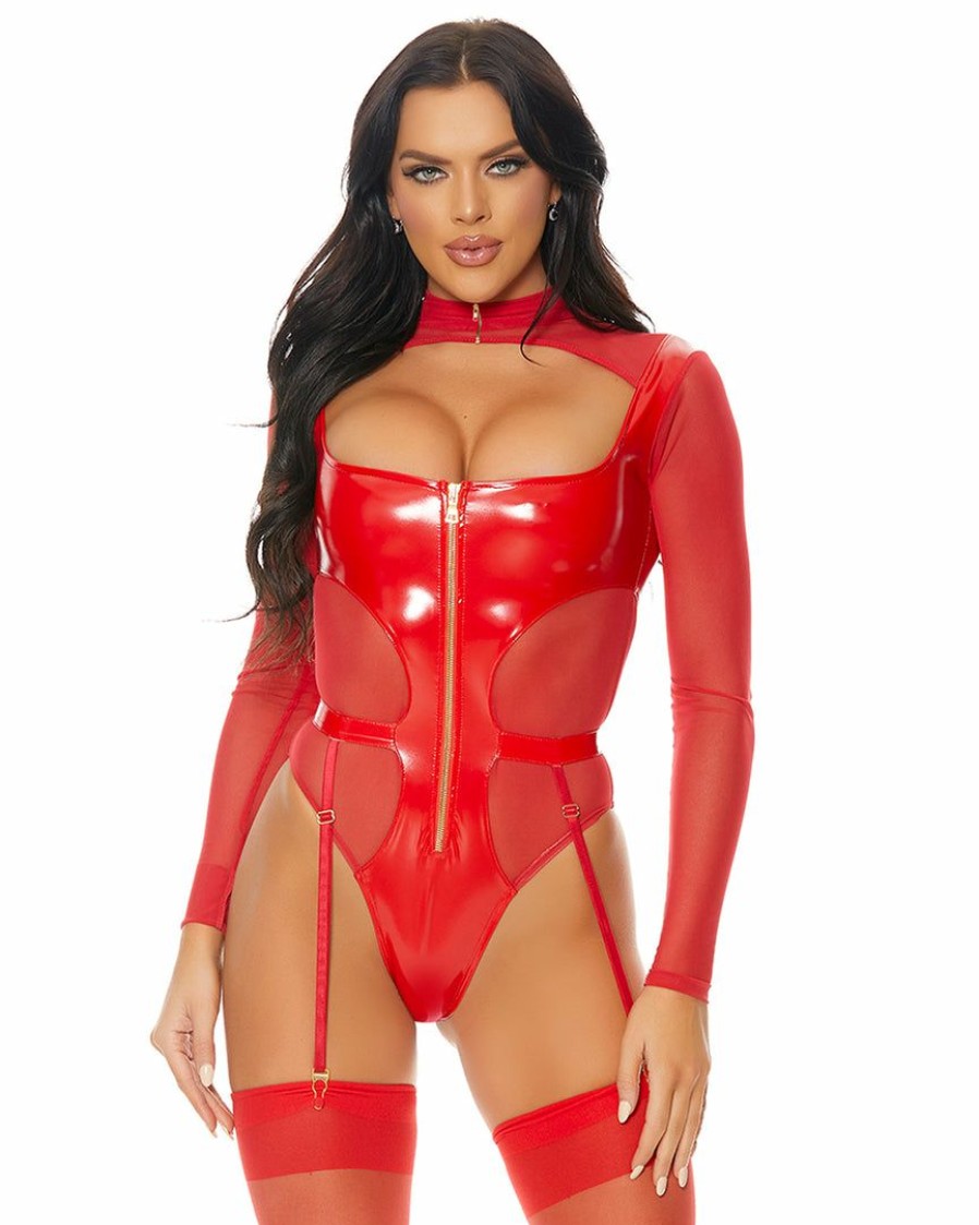 Womens * | Forplay New Vinyl Contrast Red Bodysuit