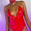 Womens * | Ohyes Fashion Womens Red Urban Nights Vinyl And Chain Bodysuit