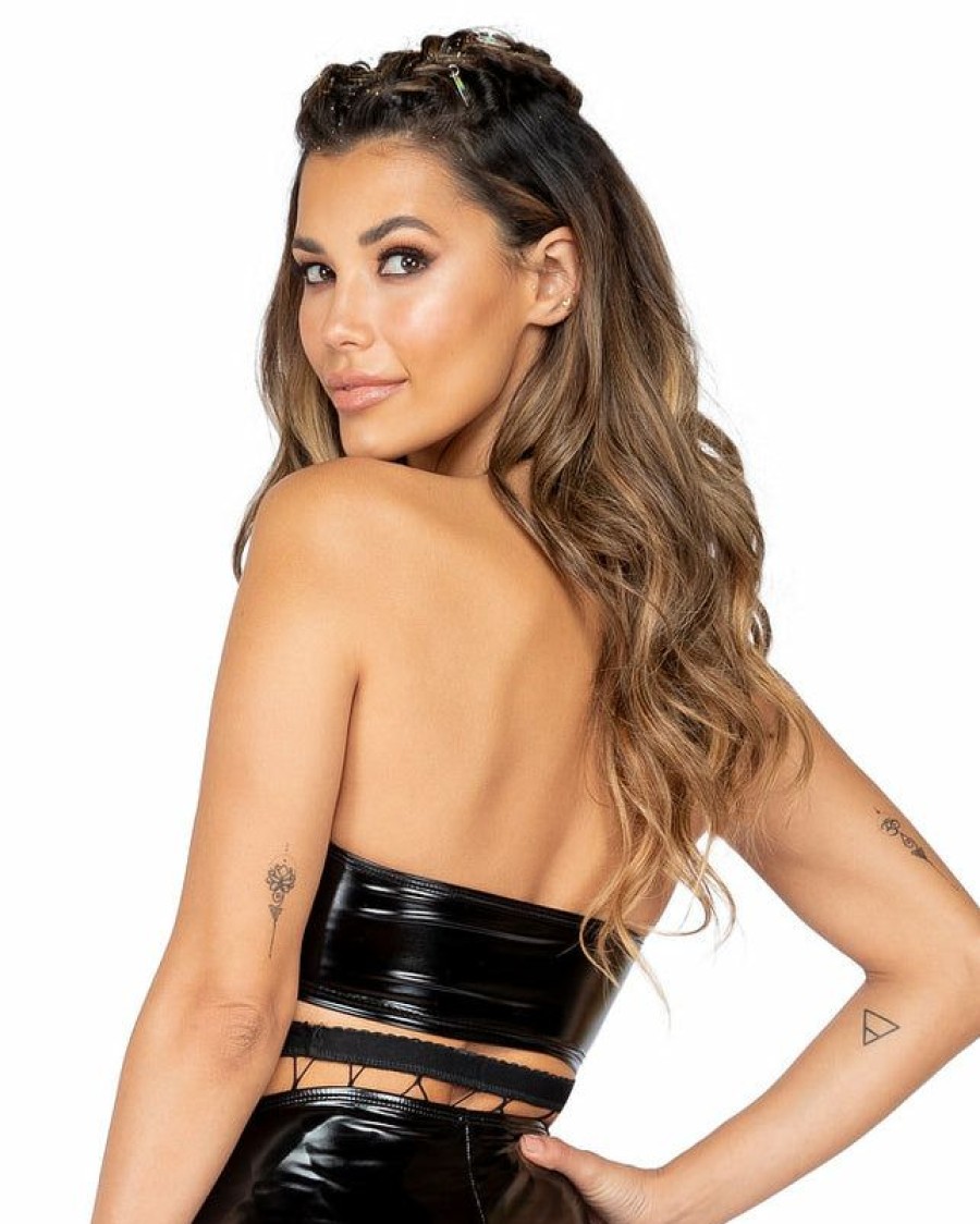 Womens * | Roma Vinyl Underboob Cutout Buckle Crop Top