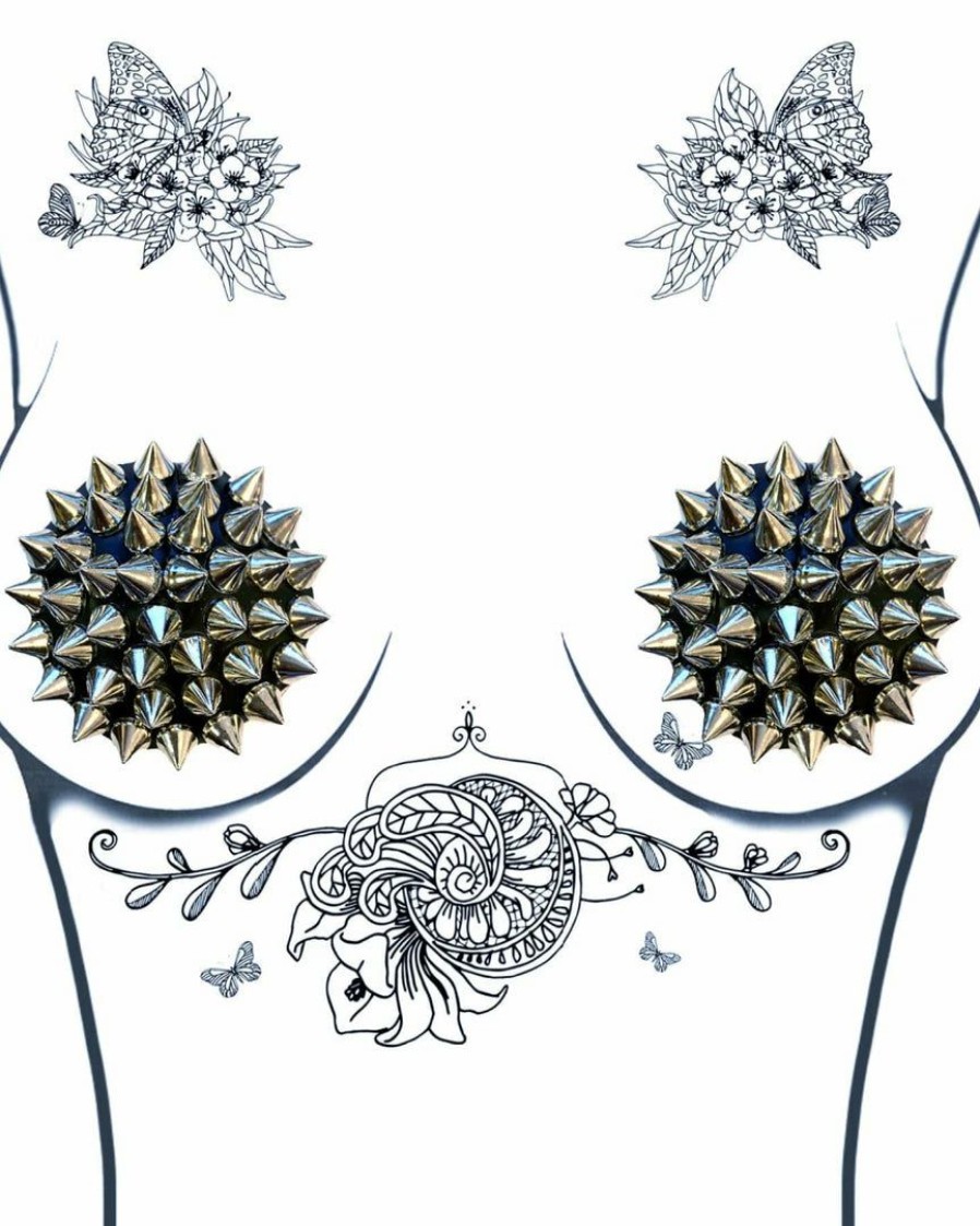 Accessories * | Neva Nude Silver Spike Black Pleather Reusable Pasties Accessories