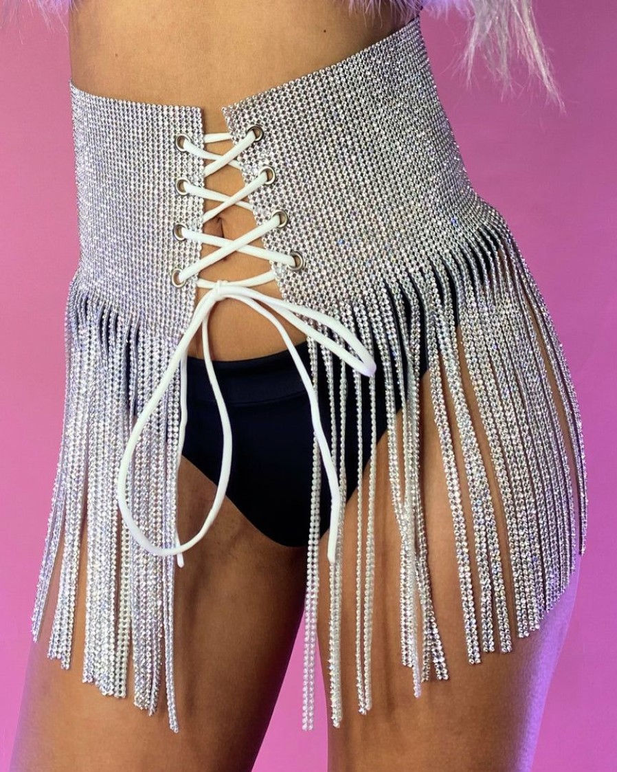 Womens * | Hengda Fringe Sparkles Rhinestone Front Wrap Skirt