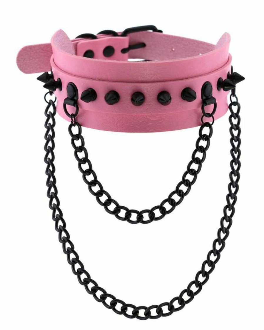 Accessories * | Ae Spike Faux Leather Choker With Hanging Chains