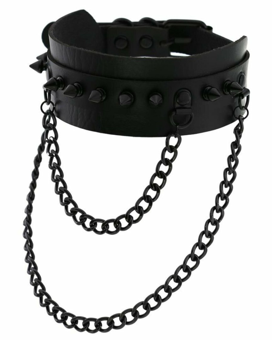 Accessories * | Ae Spike Faux Leather Choker With Hanging Chains