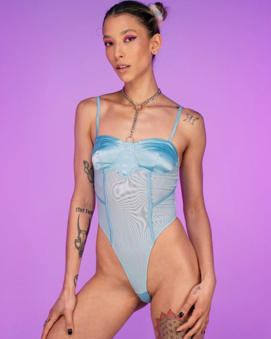 Womens * | Hot And Delicious Baby Blue Getaway Mesh Bodysuit