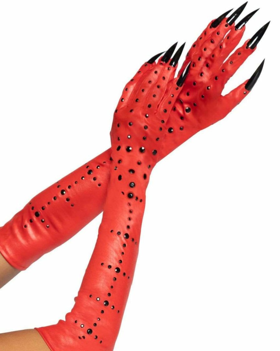 Accessories * | Leg Avenue Womens Black Rhinestone Red Demon Claws Gloves